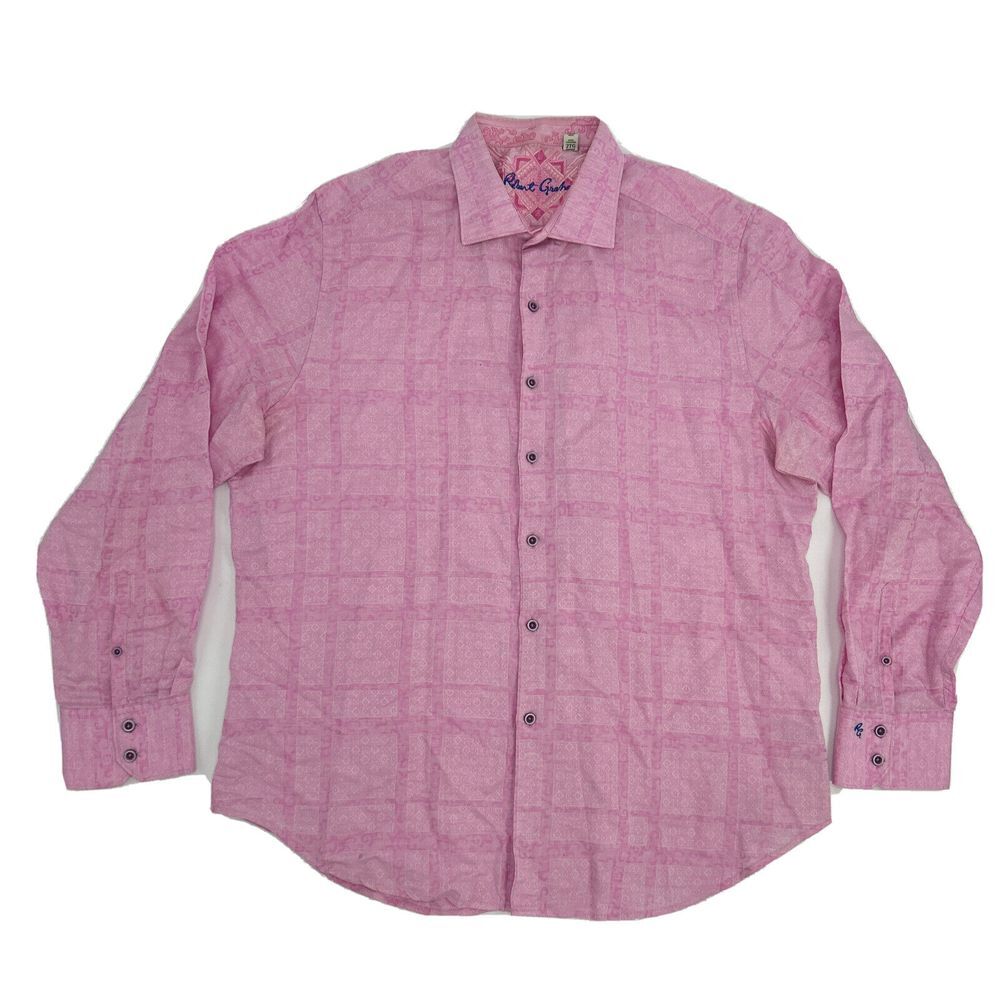 Robert Graham Shirt Men 2XL Pink Geometric Long Sleeve Button‎ Up Linen Blend